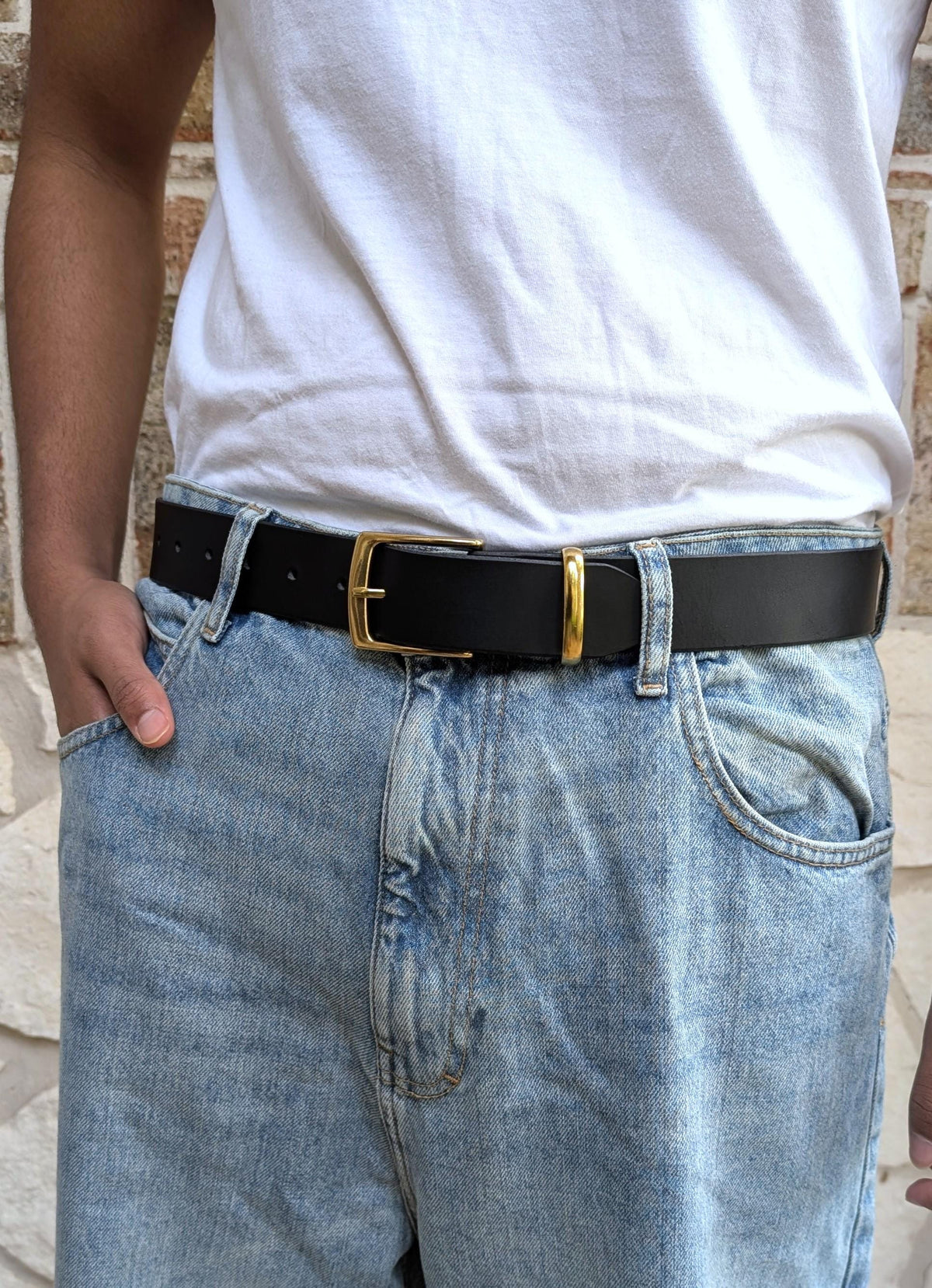 Formal Brass Buckle Belt -  Tan with Metal Loop