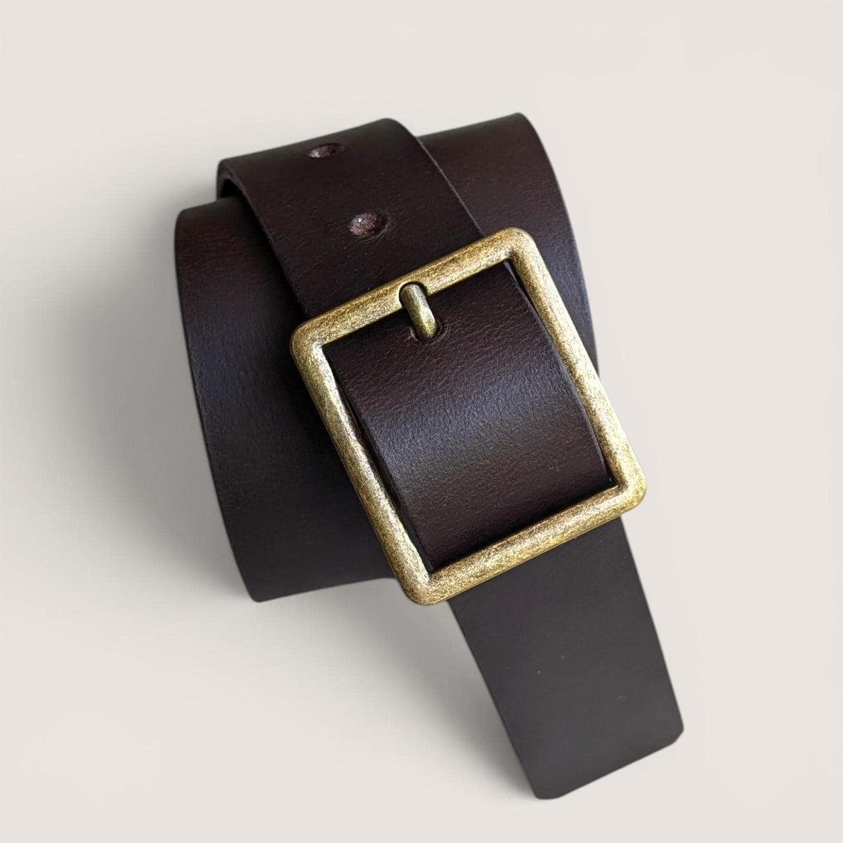 Square Buckle Leather Belt - Antique Brass with Dark brown