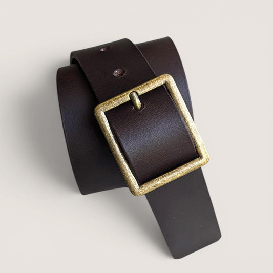 Square Buckle Leather Belt - Antique Brass with Dark brown