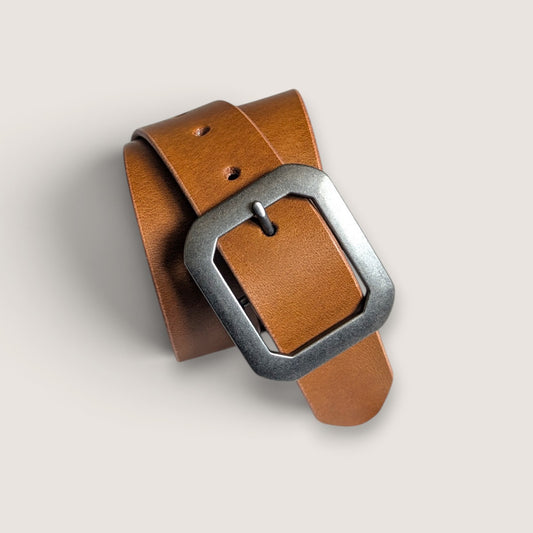 Statement Buckle Leather Belt - Tan with Antique Nickle