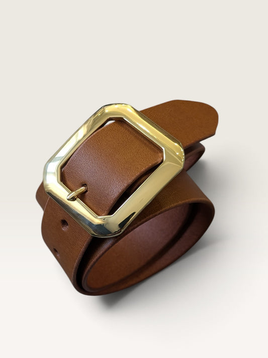 Statement Buckle Leather Belt - Brass Plated with Tan