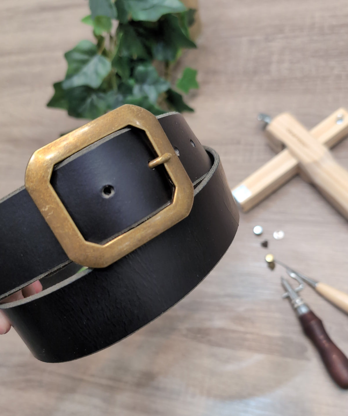 Statement Buckle Leather Belt - Brass Plated with Tan