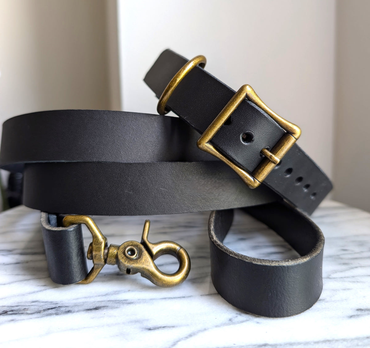 Full Grain Leather Dog Leash – 5 ft - Black with Antique brass