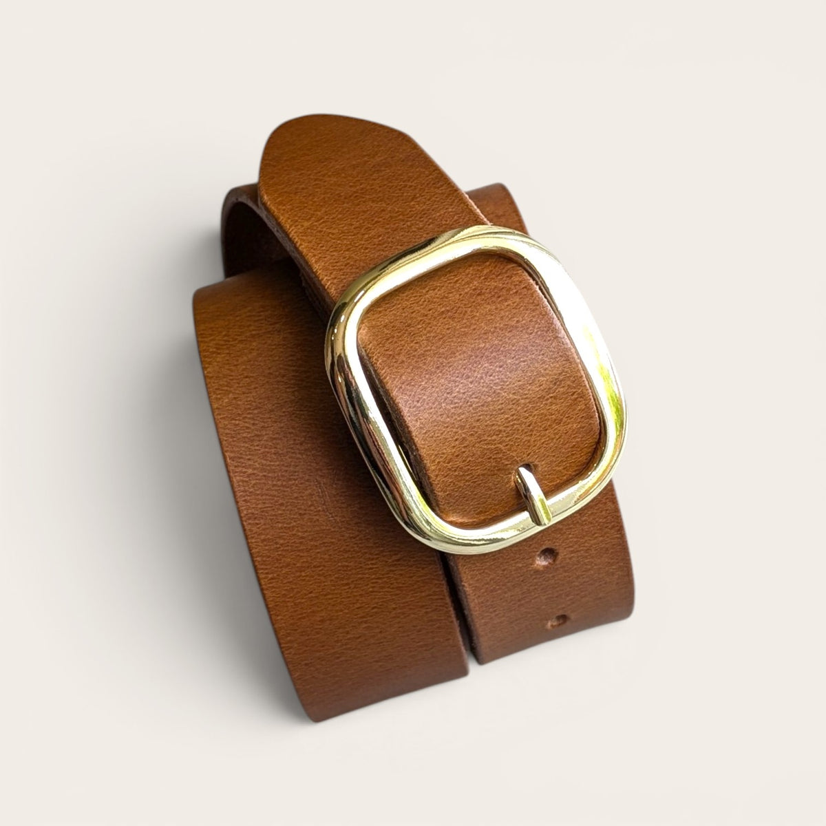 Oval Buckle Leather Belt - Brass with Saddle Tan