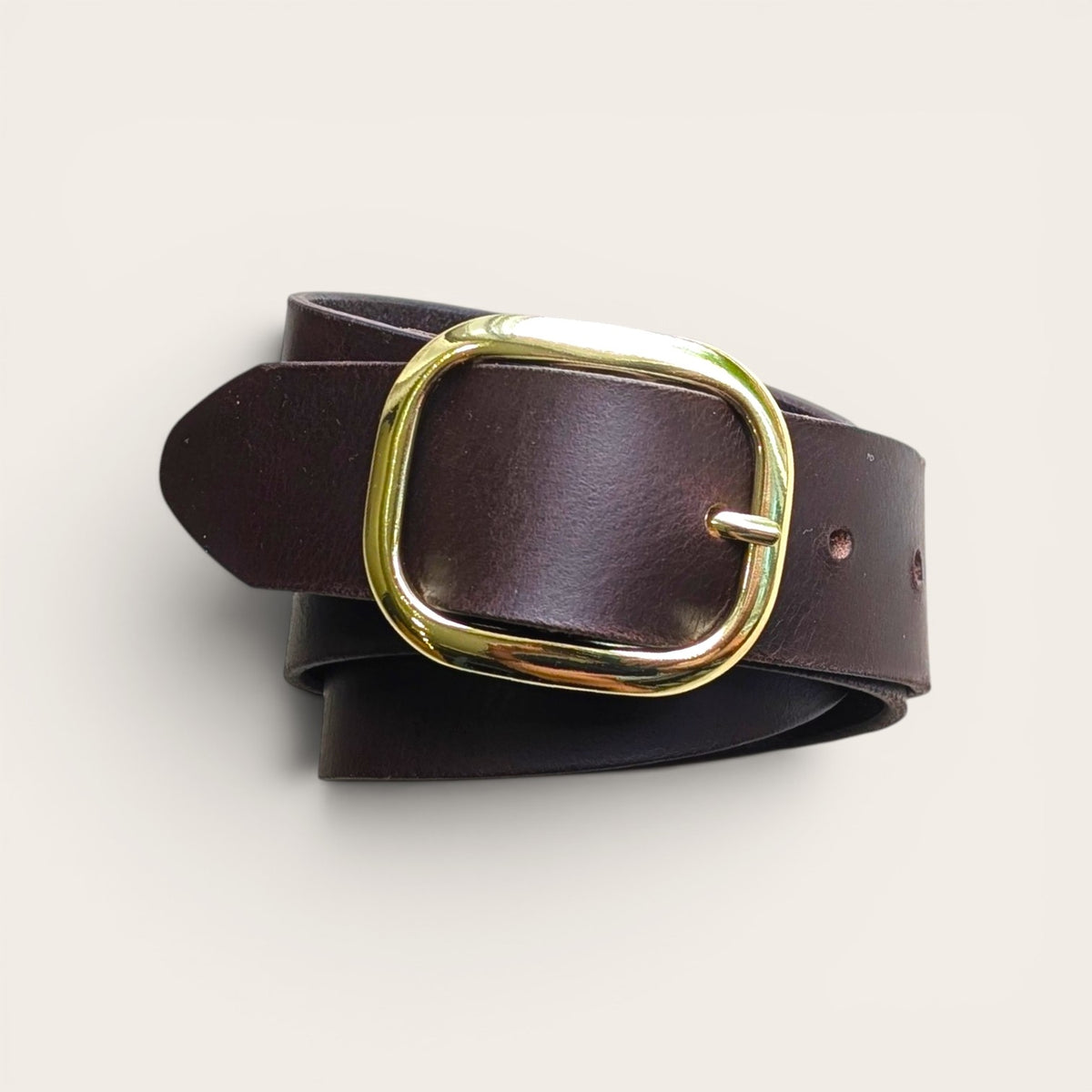 Oval Buckle Leather Belt - Brass with Saddle Tan