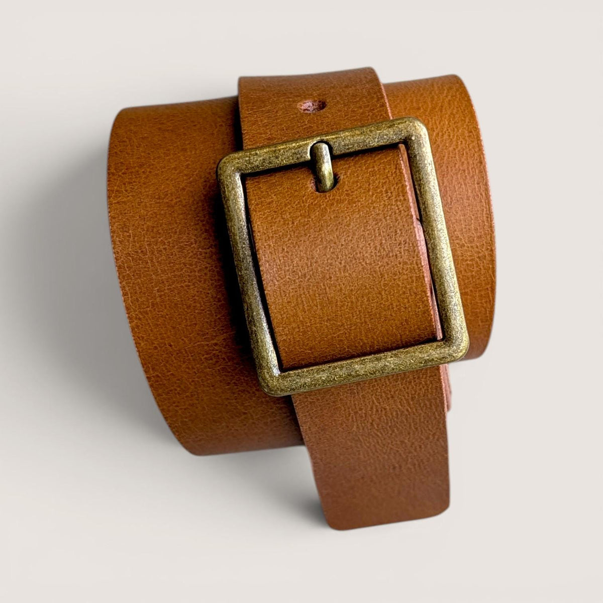 Square Buckle Leather Belt - Antique Brass with Dark brown