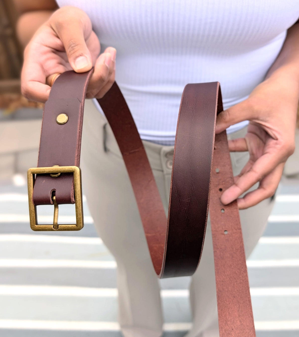 Square Buckle Leather Belt - Antique Brass with Dark brown