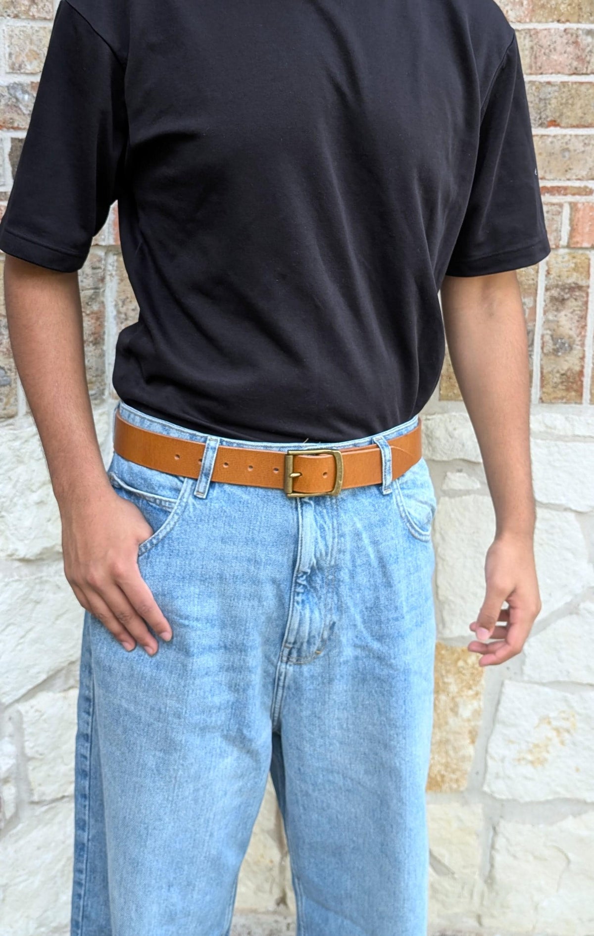 Dunham Antique Brass Roller Buckle Belt - Saddle Tan