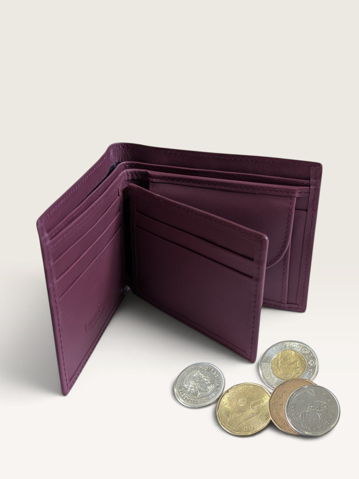 Nappa Leather Bifold Coin Pocket Wallet - Light Maroon
