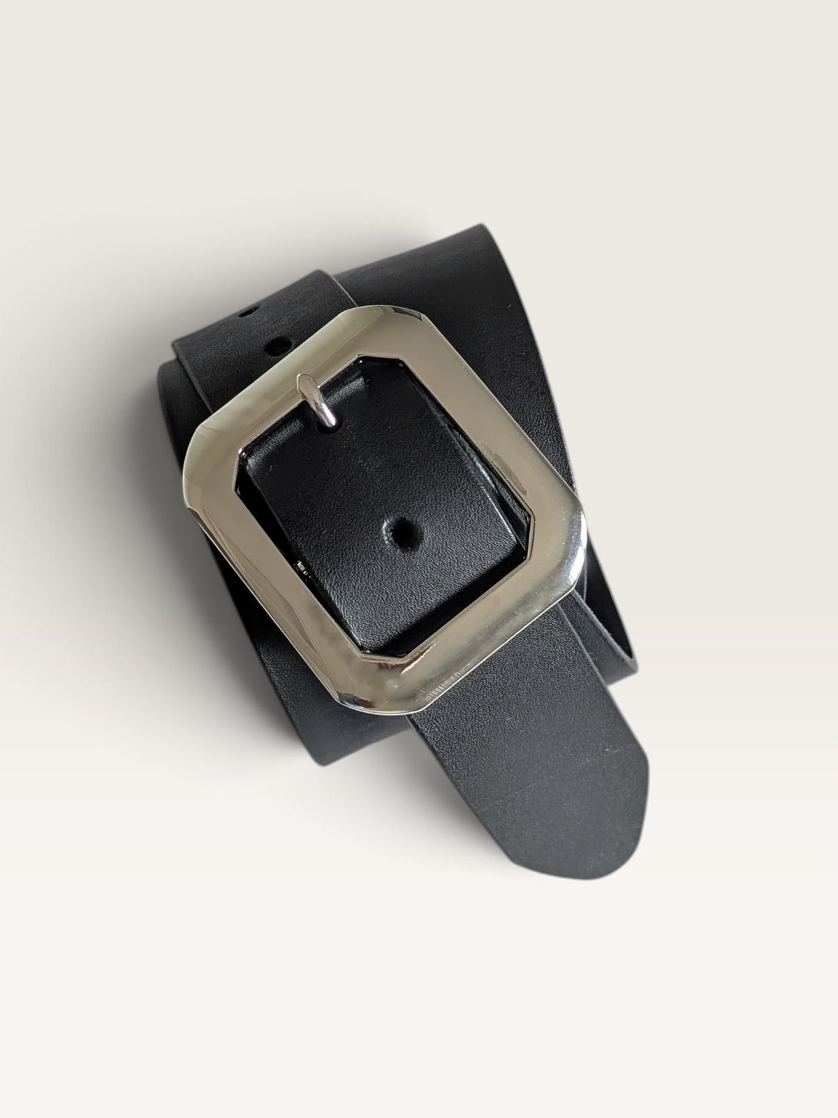 Statement Buckle Leather Belt - Black With Nickle