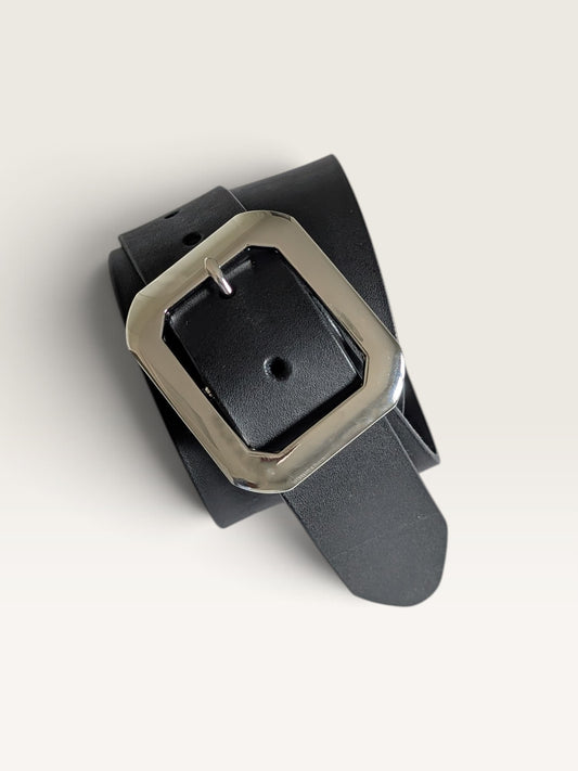 Statement Buckle Leather Belt - Black With Nickle