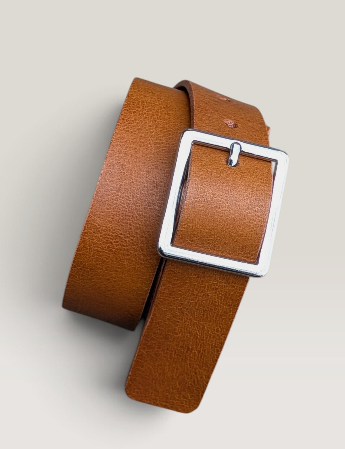 Square Buckle Leather Belt - Nickle With Tan