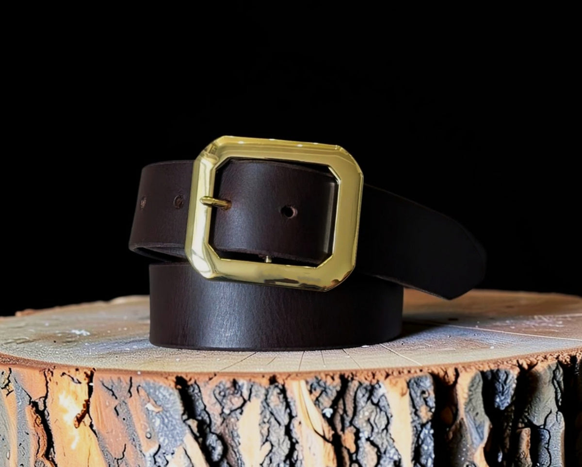 Statement Buckle Leather Belt - Brass Plated with Tan